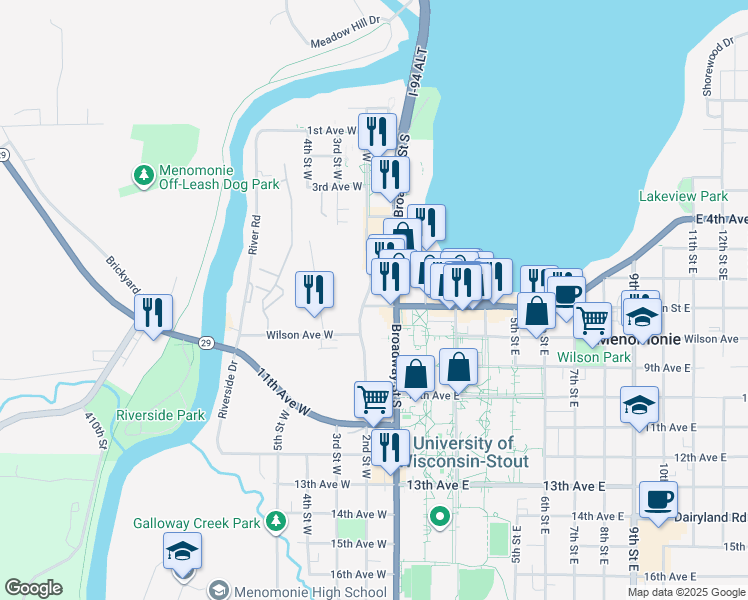 map of restaurants, bars, coffee shops, grocery stores, and more near 612 2nd Street East in Menomonie