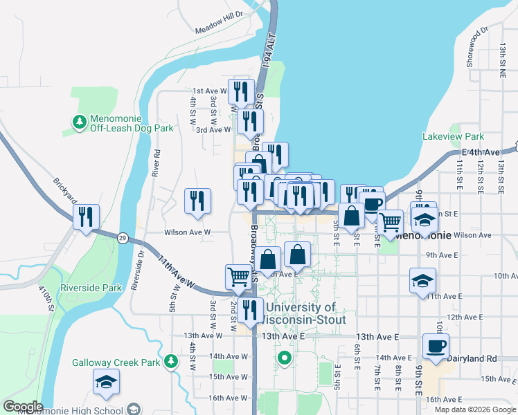 map of restaurants, bars, coffee shops, grocery stores, and more near 105 Main Street East in Menomonie