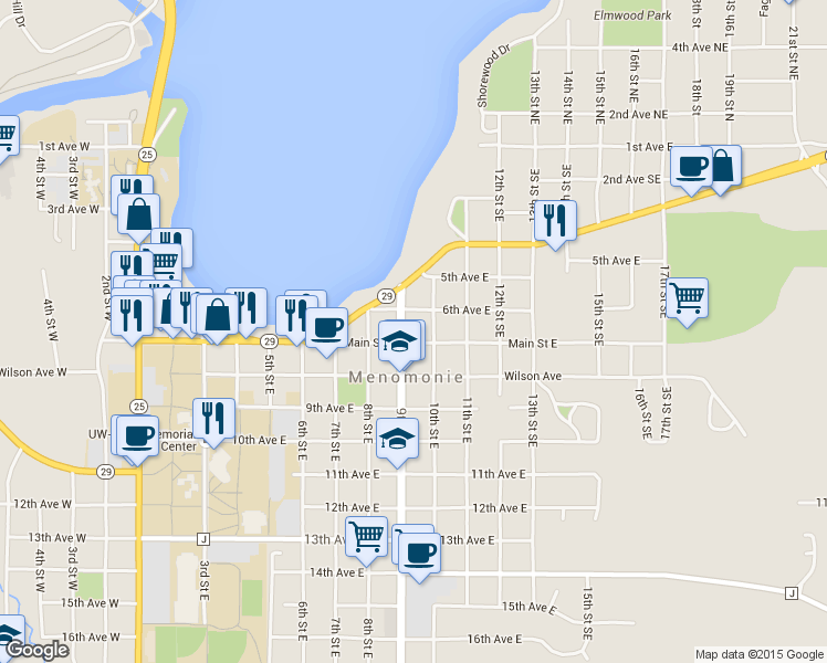 map of restaurants, bars, coffee shops, grocery stores, and more near 909 Main Street East in Menomonie