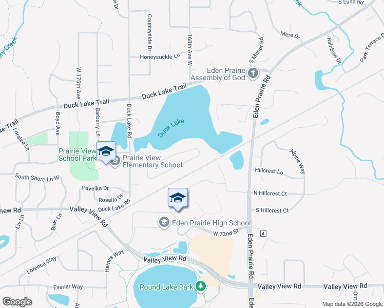 map of restaurants, bars, coffee shops, grocery stores, and more near 16761 South Shore Lane in Eden Prairie