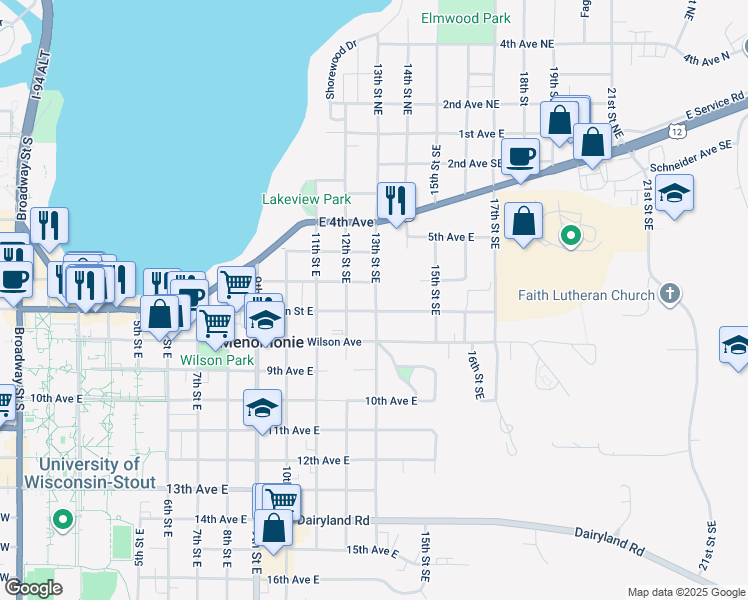 map of restaurants, bars, coffee shops, grocery stores, and more near 612 13th Street Southeast in Menomonie