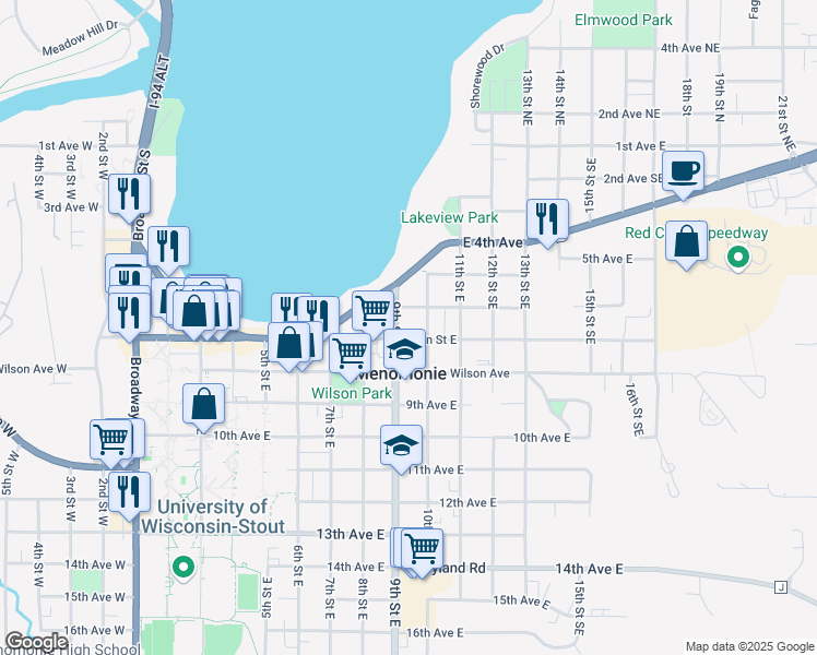 map of restaurants, bars, coffee shops, grocery stores, and more near 611 10th Street East in Menomonie