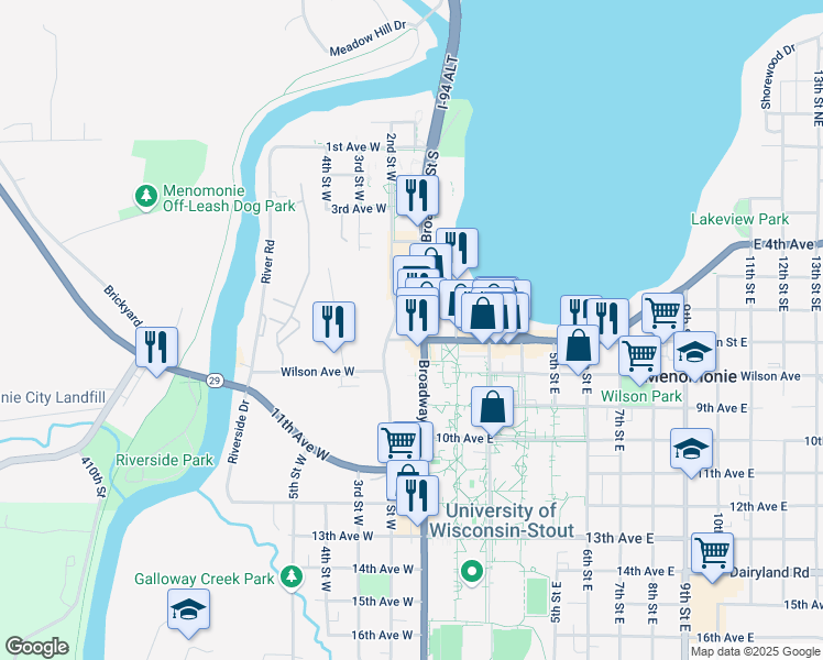 map of restaurants, bars, coffee shops, grocery stores, and more near 612 2nd Street East in Menomonie