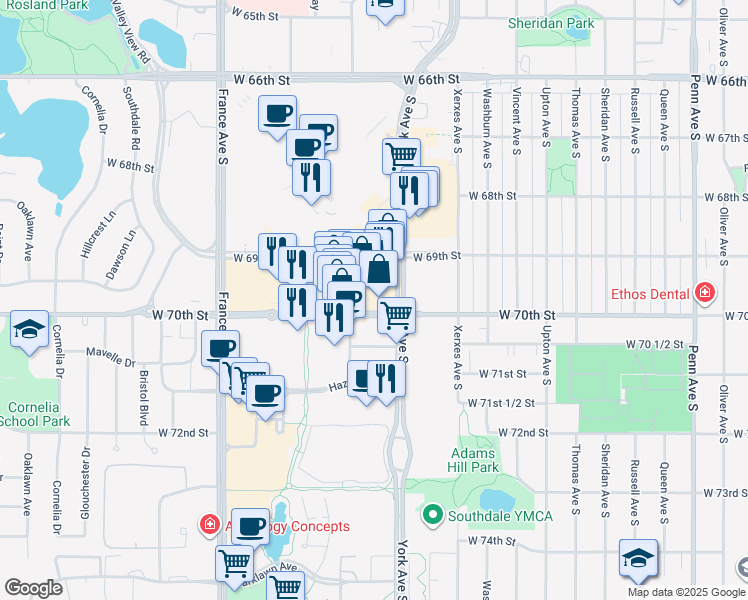 map of restaurants, bars, coffee shops, grocery stores, and more near 3210 Galleria in Edina