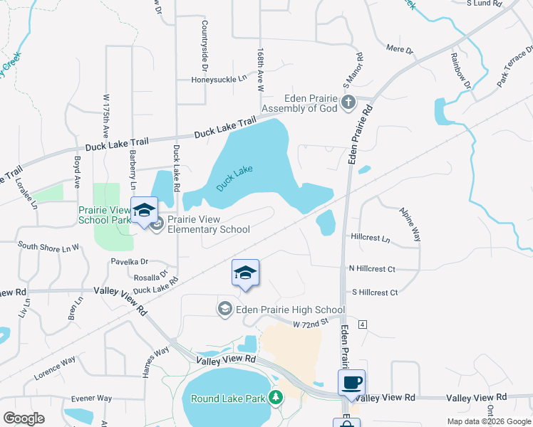 map of restaurants, bars, coffee shops, grocery stores, and more near 16761 South Shore Lane in Eden Prairie