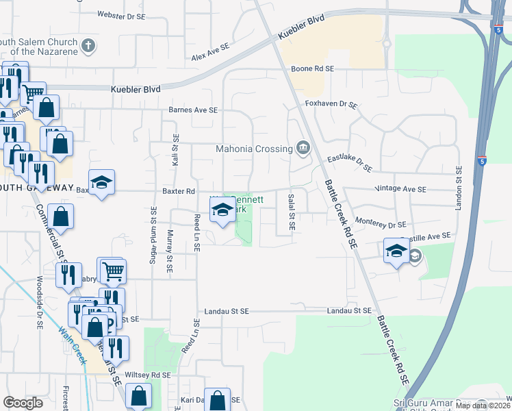 map of restaurants, bars, coffee shops, grocery stores, and more near 5457 Bellflower Street Southeast in Salem