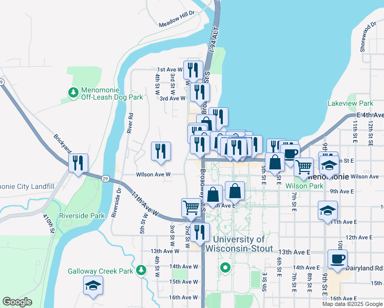 map of restaurants, bars, coffee shops, grocery stores, and more near 612 2nd Street East in Menomonie