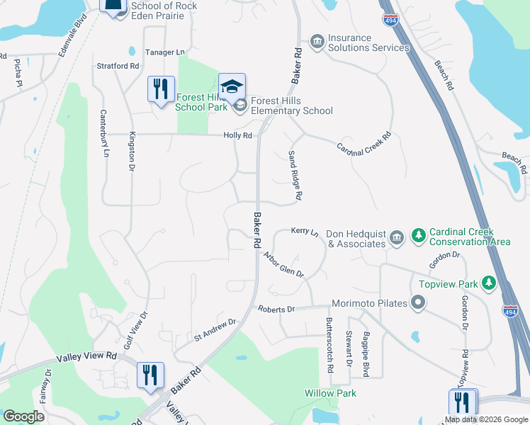 map of restaurants, bars, coffee shops, grocery stores, and more near 13601 Theresa Place in Eden Prairie
