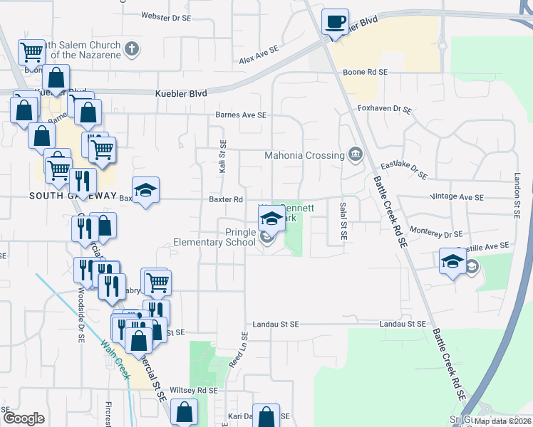 map of restaurants, bars, coffee shops, grocery stores, and more near 5416 Tullimoor Street Southeast in Salem
