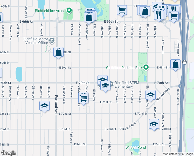 map of restaurants, bars, coffee shops, grocery stores, and more near 6932 10th Avenue South in Richfield