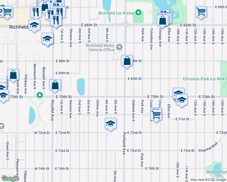 map of restaurants, bars, coffee shops, grocery stores, and more near 6933 4th Avenue South in Minneapolis