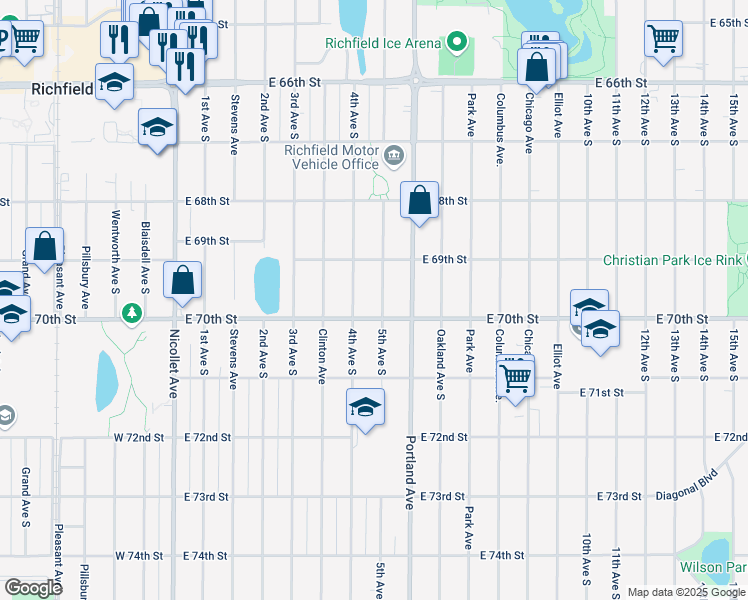 map of restaurants, bars, coffee shops, grocery stores, and more near 6933 4th Avenue South in Minneapolis