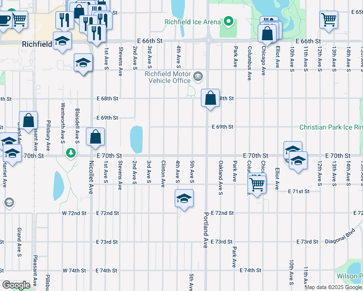 map of restaurants, bars, coffee shops, grocery stores, and more near 6933 4th Avenue South in Minneapolis