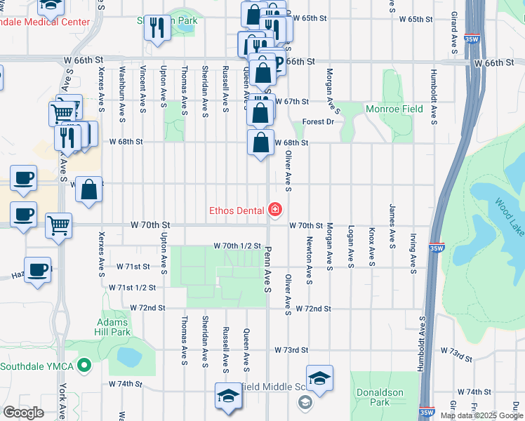 map of restaurants, bars, coffee shops, grocery stores, and more near 6928 Penn Avenue South in Minneapolis