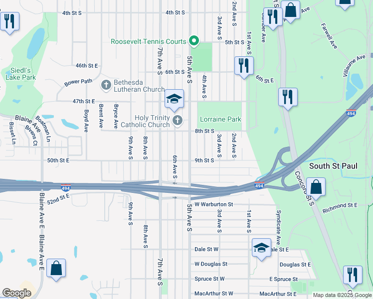 map of restaurants, bars, coffee shops, grocery stores, and more near 836 5th Avenue South in South Saint Paul