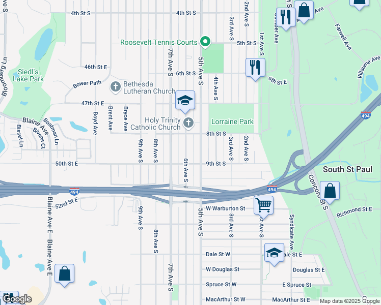map of restaurants, bars, coffee shops, grocery stores, and more near 836 5th Avenue South in South Saint Paul