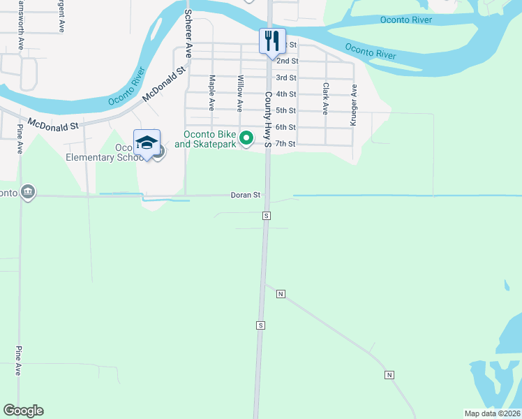 map of restaurants, bars, coffee shops, grocery stores, and more near 2106 Tilden Avenue in Oconto