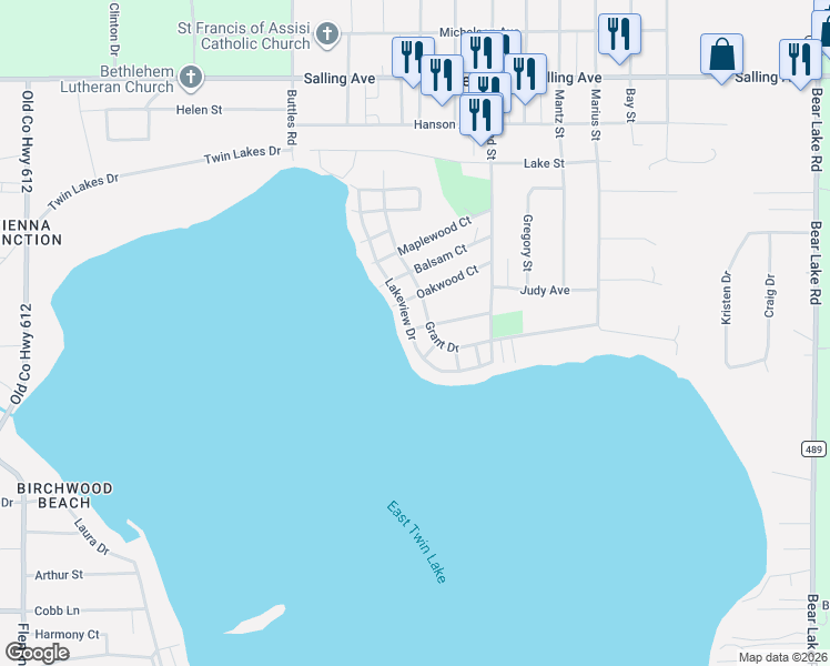 map of restaurants, bars, coffee shops, grocery stores, and more near 2565 Lakeview Drive in Lewiston