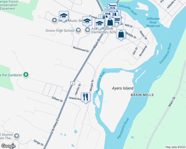 map of restaurants, bars, coffee shops, grocery stores, and more near 21 Margin Street in Orono