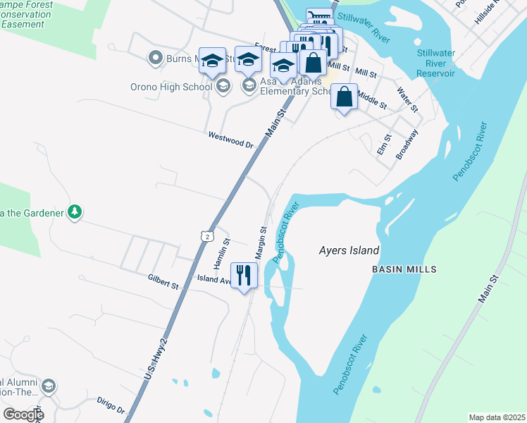 map of restaurants, bars, coffee shops, grocery stores, and more near 21 Margin Street in Orono