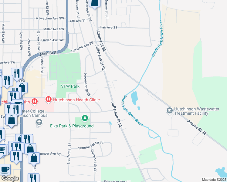 map of restaurants, bars, coffee shops, grocery stores, and more near 1095 Jefferson Street Southeast in Hutchinson