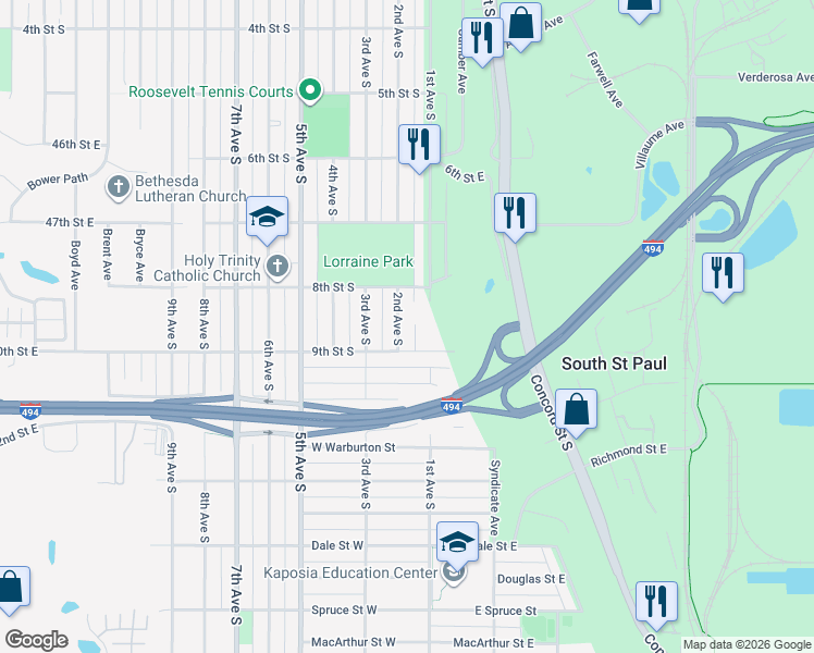 map of restaurants, bars, coffee shops, grocery stores, and more near 837 2nd Avenue South in South St. Paul