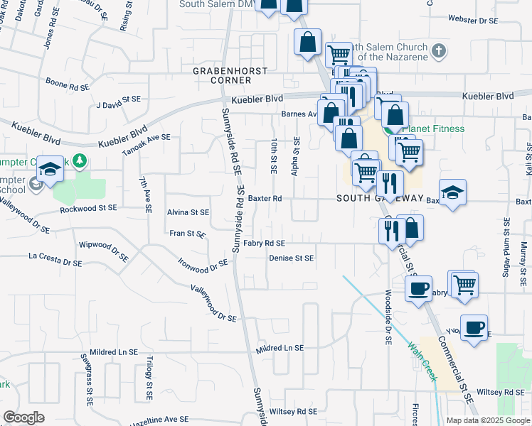 map of restaurants, bars, coffee shops, grocery stores, and more near 990 Baxter Road Southeast in Salem