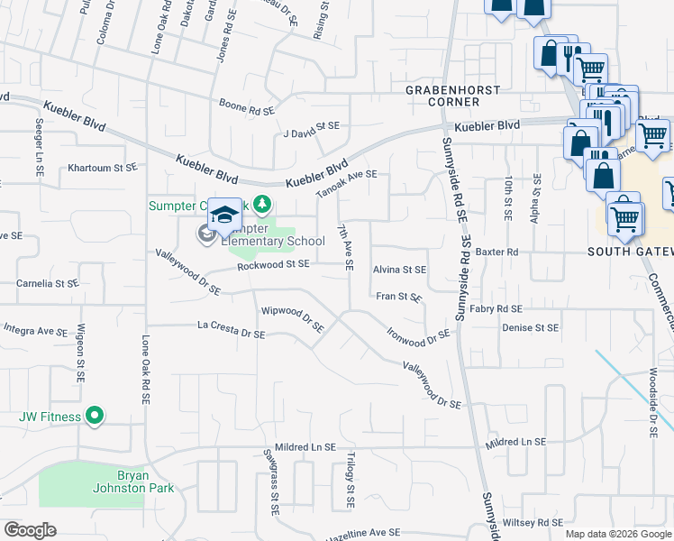 map of restaurants, bars, coffee shops, grocery stores, and more near 676 Rockwood Street Southeast in Salem