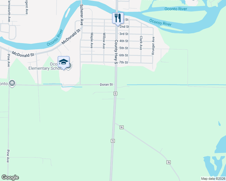 map of restaurants, bars, coffee shops, grocery stores, and more near 2106 Tilden Avenue in Oconto