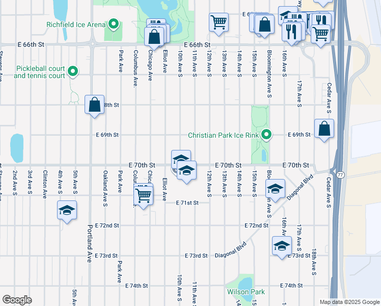 map of restaurants, bars, coffee shops, grocery stores, and more near 6928 11th Avenue South in Minneapolis