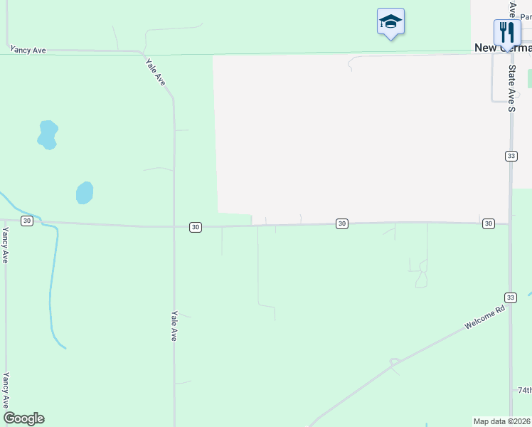 map of restaurants, bars, coffee shops, grocery stores, and more near 18180 County Road 30 in New Germany