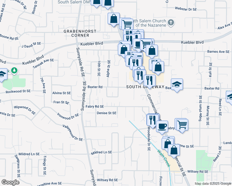 map of restaurants, bars, coffee shops, grocery stores, and more near 1125 Sharon Loop Southeast in Salem