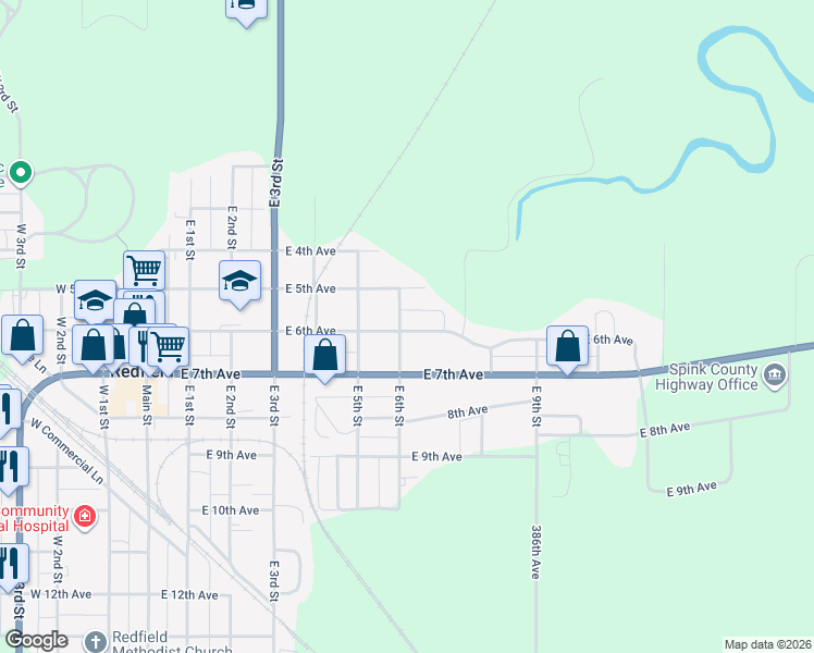 map of restaurants, bars, coffee shops, grocery stores, and more near 605 E 6th Ave in Redfield