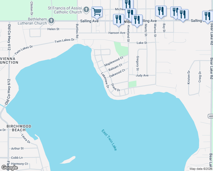 map of restaurants, bars, coffee shops, grocery stores, and more near 2565 Lakeview Drive in Lewiston
