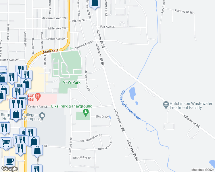 map of restaurants, bars, coffee shops, grocery stores, and more near 1098 Jefferson Street Southeast in Hutchinson