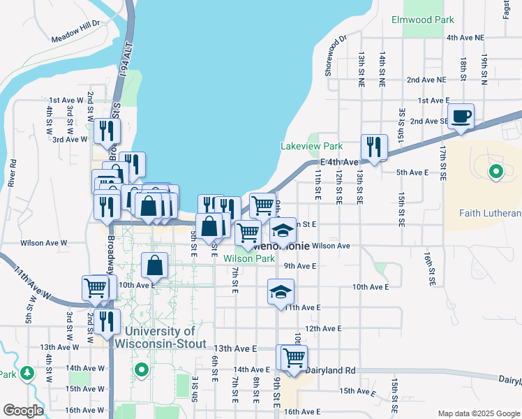 map of restaurants, bars, coffee shops, grocery stores, and more near 816 6th Avenue East in Menomonie
