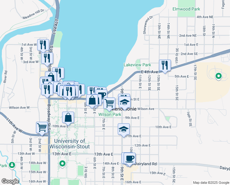 map of restaurants, bars, coffee shops, grocery stores, and more near 816 6th Avenue East in Menomonie