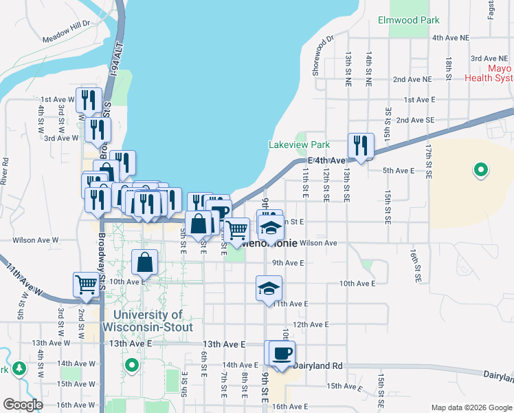 map of restaurants, bars, coffee shops, grocery stores, and more near 816 6th Avenue East in Menomonie