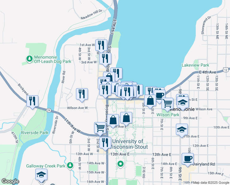 map of restaurants, bars, coffee shops, grocery stores, and more near 605 2nd St E in Menomonie