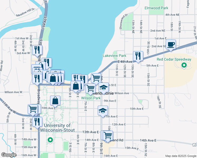 map of restaurants, bars, coffee shops, grocery stores, and more near 816 6th Avenue East in Menomonie
