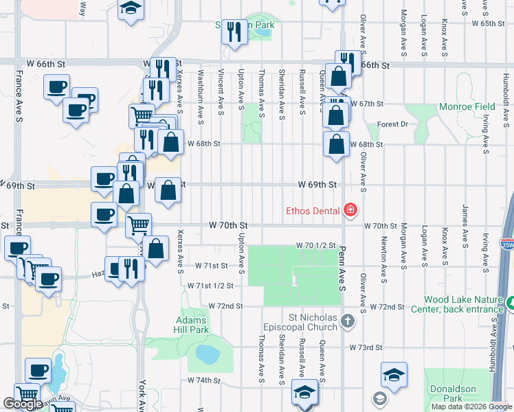 map of restaurants, bars, coffee shops, grocery stores, and more near 6924 Thomas Avenue South in Minneapolis