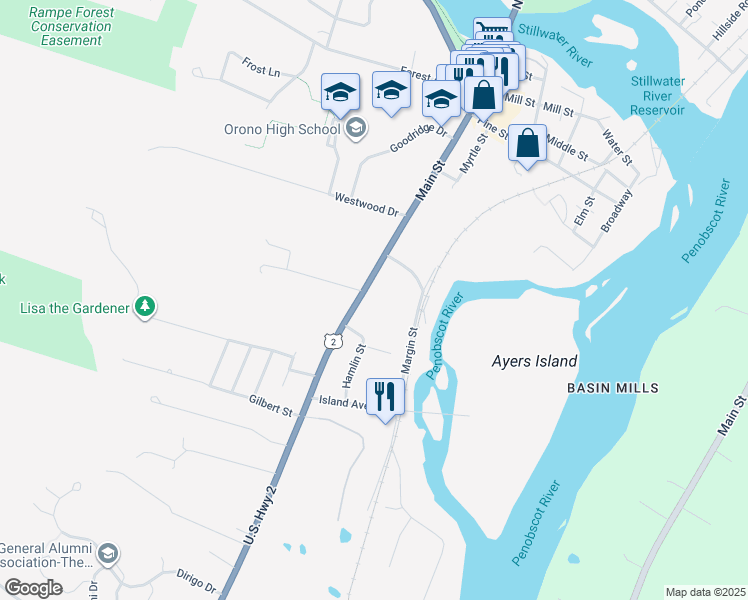 map of restaurants, bars, coffee shops, grocery stores, and more near 166 Main Street in Orono