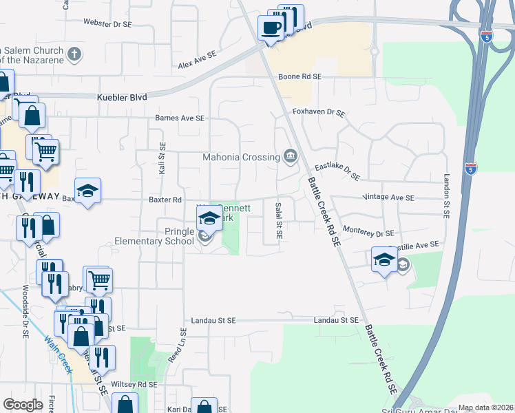 map of restaurants, bars, coffee shops, grocery stores, and more near 5440 Woodmill Drive Southeast in Salem