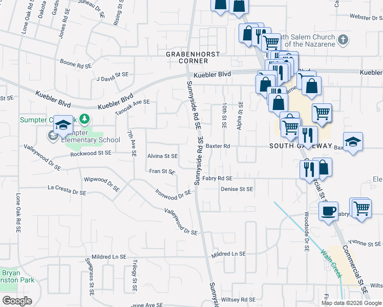 map of restaurants, bars, coffee shops, grocery stores, and more near 5420 Sunnyside Road Southeast in Salem