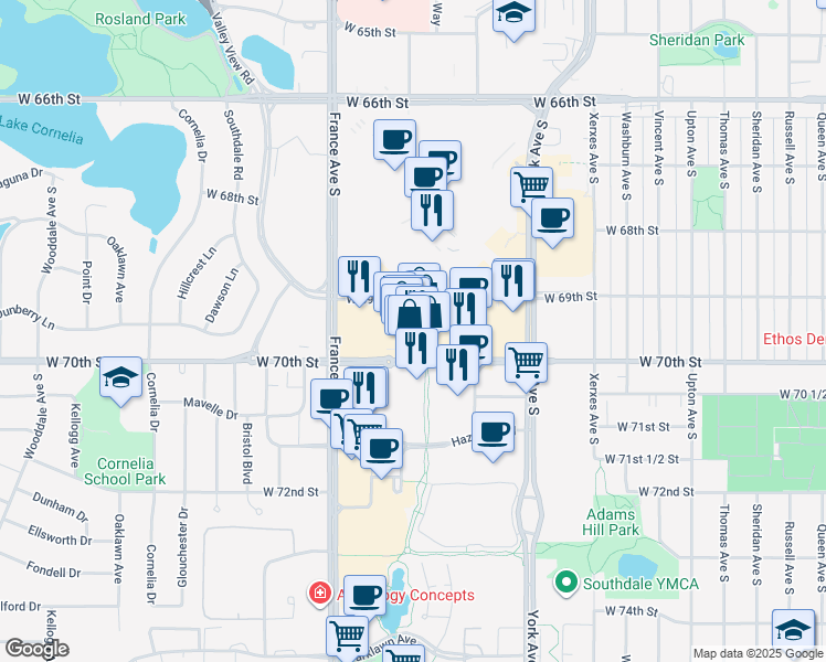 map of restaurants, bars, coffee shops, grocery stores, and more near 3330 Galleria in Edina