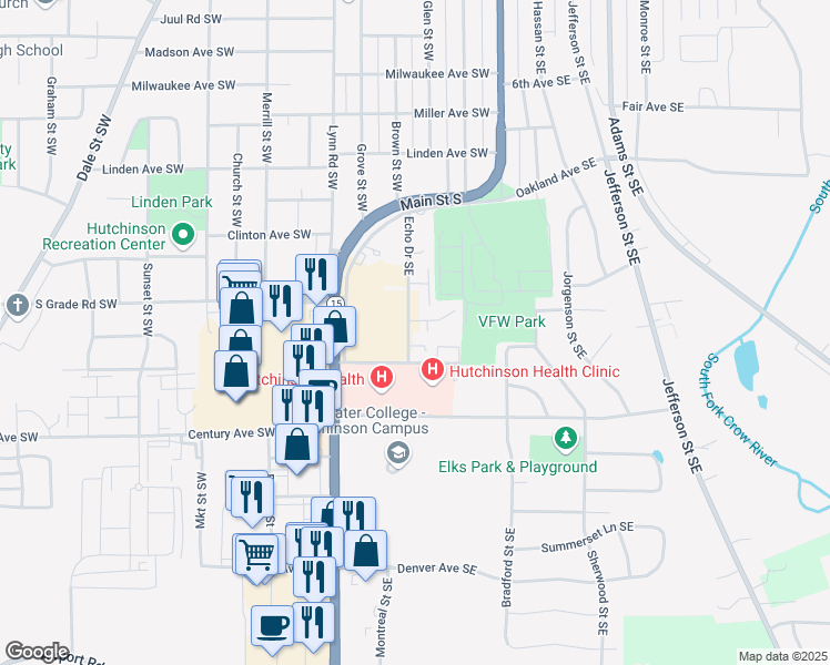 map of restaurants, bars, coffee shops, grocery stores, and more near 1055 Echo Drive Southeast in Hutchinson