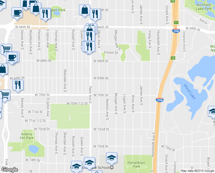 map of restaurants, bars, coffee shops, grocery stores, and more near Newton Avenue South in Richfield