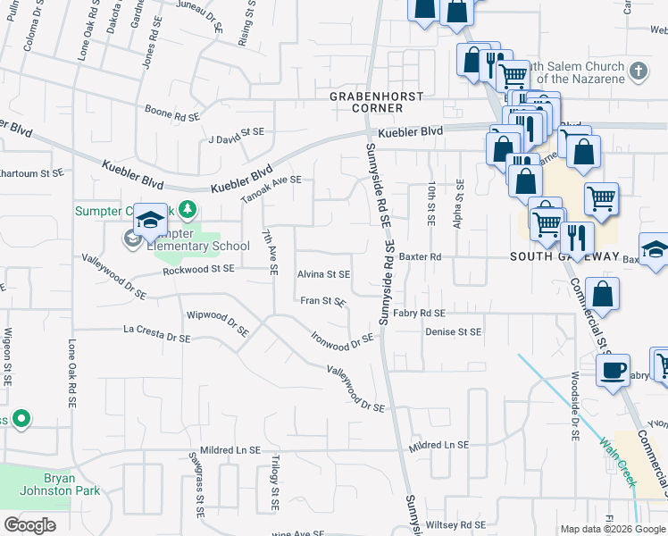 map of restaurants, bars, coffee shops, grocery stores, and more near 859 Alvina Street Southeast in Salem