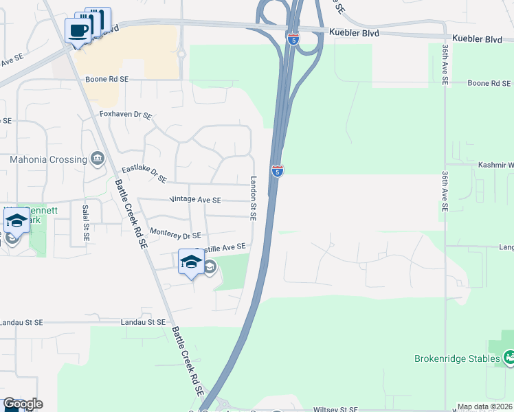 map of restaurants, bars, coffee shops, grocery stores, and more near 5390 Landon Street Southeast in Salem