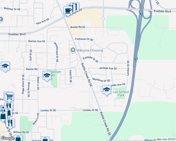 map of restaurants, bars, coffee shops, grocery stores, and more near 5412 Monterey Drive Southeast in Salem
